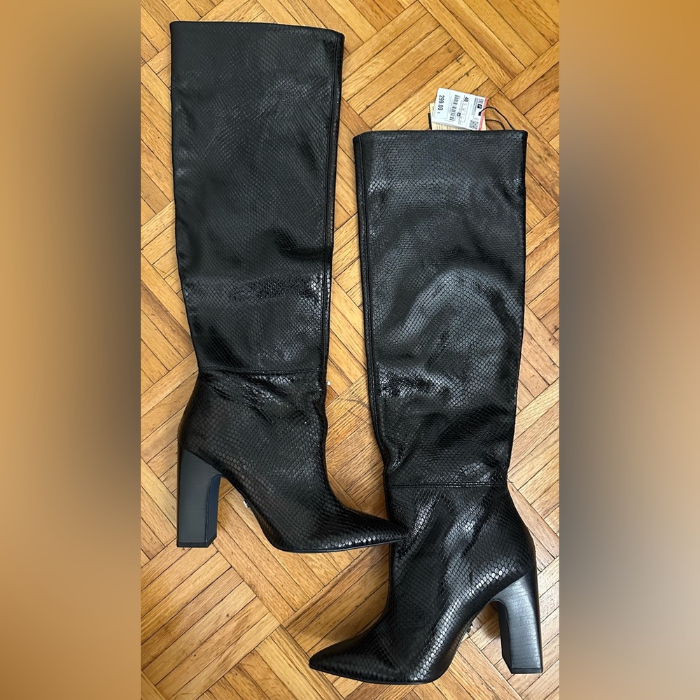 Zara Black Textured Knee-High Block Heel Boots - Picture 8 of 16